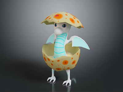 Cute Hatching Dragon Breaking Yellow Egg Shell With Orange Spots And Light Blue Striped Wings 3d model