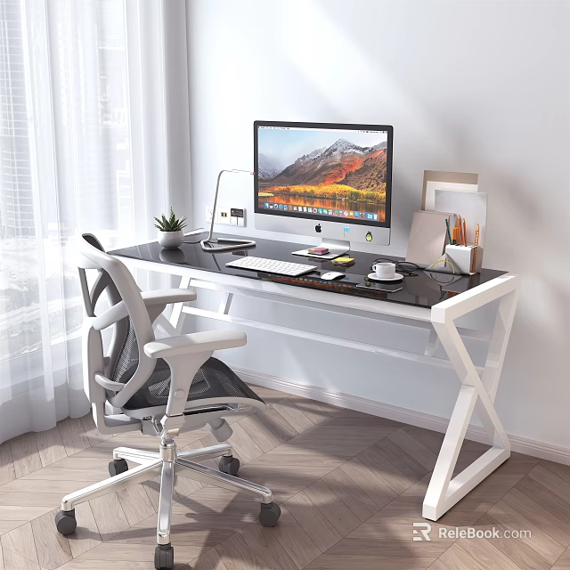 Modern Desk Setup With Computer Monitor Lamp Plant Coffee Cup And Pencil Holder 3d model 