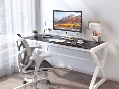 Modern Desk Setup With Computer Monitor Lamp Plant Coffee Cup And Pencil Holder 3d model