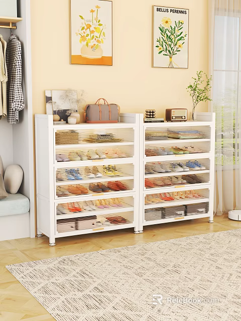 Modern White Large Capacity Shoe Cabinet With Transparent Shelves For Neat Home Entryway Storage 3d model 