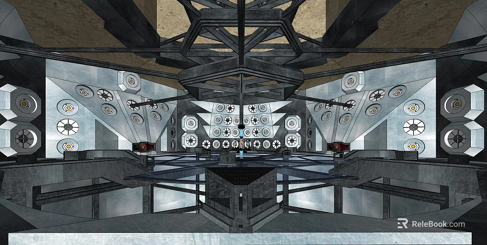 Futuristic Interior Space Featuring Geometric Ceiling And Metal Framework Design Elements 3d model