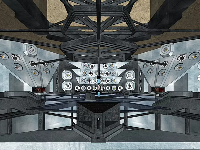 Futuristic Interior Space Featuring Geometric Ceiling And Metal Framework Design Elements 3d model