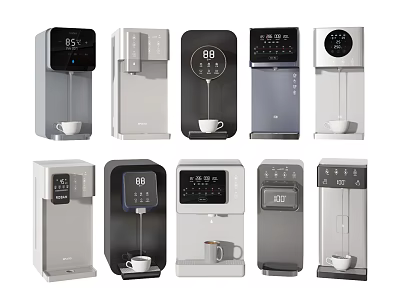 Various Modern Water Dispensers As Daily Use Electrical Appliances With Digital Displays And Sleek Design 3d model
