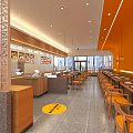 Warm Orange Restaurant Interior With Hanging Lights Tables Chairs And Bar Counter