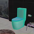 Contemporary Bathroom With White Toilet Black Tiled Walls Light Floor And City View Through Window