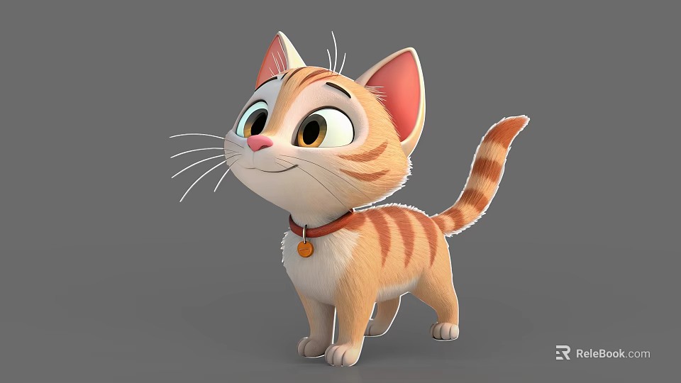 Animated Cartoon Cat Character With Orange White Stripes Red Collar Yellow Pendant And Big Eyes 3d model 