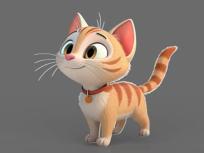 Animated Cartoon Cat Character With Orange White Stripes Red Collar Yellow Pendant And Big Eyes 3d model