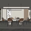 Modern Restaurant Interior Featuring Dining Table Chairs Hanging Lights Bookshelf And Marble Floor