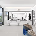 Modern Beauty Hair Salon Interior With White Walls Mirrors Chairs Blue Seating And Staircase