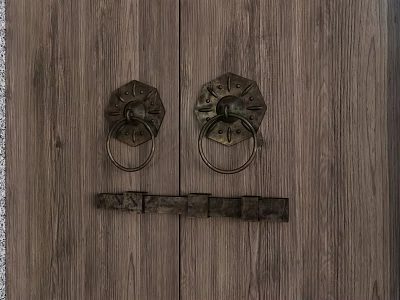 Antique Wooden Door With Brass Decorative Door Knockers And Metal Latch 3d model