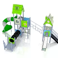 Colorful Playground Equipment With Green Slide Black Tunnel And House Shaped Structures