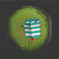 Cartoon Rickshaw Scene With Blue White Striped Canopy Rider Red Hat And Green Grass Base