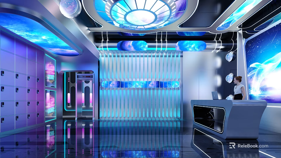 Modern Tech Inspired Bar Interior With Blue Lighting Illuminated Decorations Reception Counter And Female Bartender 3d model 