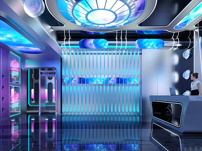 Modern Tech Inspired Bar Interior With Blue Lighting Illuminated Decorations Reception Counter And Female Bartender 3d model