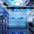 Modern Tech Inspired Bar Interior With Blue Lighting Illuminated Decorations Reception Counter And Female Bartender