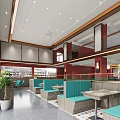 Modern Restaurant Interior With Red Walls Blue Booths And Wooden Partitions In Open Dining Layout