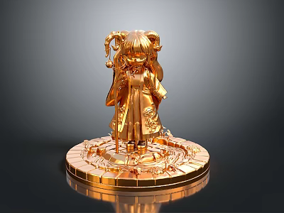 Golden 3D Statue Of Female Character In Traditional Dress With Circular Base And Intricate Patterns 3d model