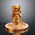 Golden 3D Statue Of Female Character In Traditional Dress With Circular Base And Intricate Patterns