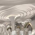 Luxurious Ballroom With White Wavy Ceiling Columns Chandelier And Arranged Tables Chairs