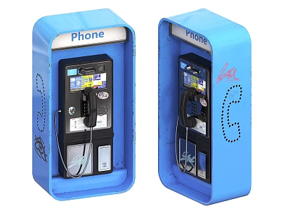 Blue Public Phone Booths With Phone Equipment And Graffiti Details 3d model