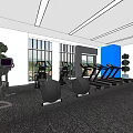 Modern Fitness Gym Interior With Rowing Machines Dumbbell Rack Blue Walls And Windows