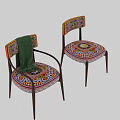 Colorful Patterned Dining Chair With Armrests Dark Wooden Frame And Green Throw
