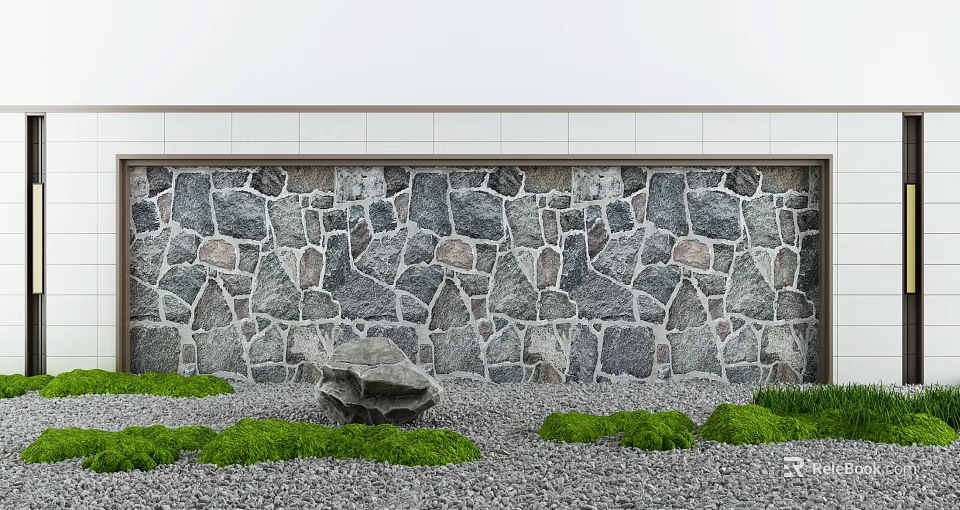 Natural Stone Mosaic Landscape Wall With White Top Trim Green Shrubs And Gravel Ground 3d model 