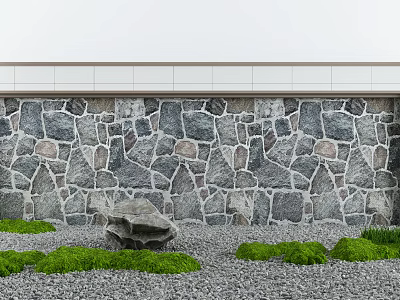 Natural Stone Mosaic Landscape Wall With White Top Trim Green Shrubs And Gravel Ground 3d model