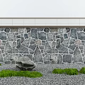 Natural Stone Mosaic Landscape Wall With White Top Trim Green Shrubs And Gravel Ground