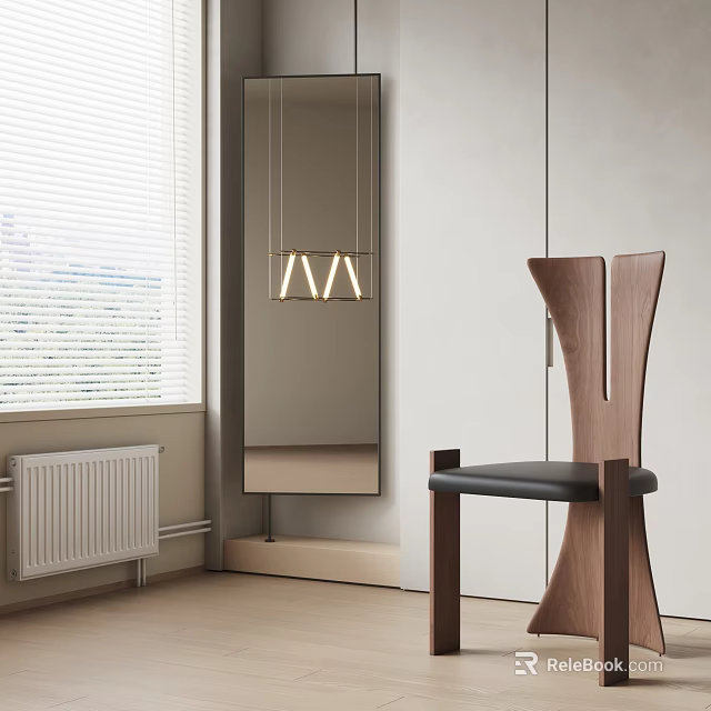 Wooden Dining Chair With Black Seat In Modern Interior With Window Blinds And Pendant Lights 3d model 