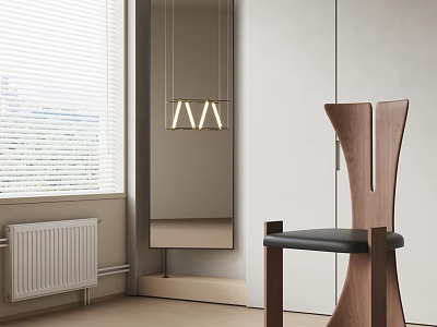Wooden Dining Chair With Black Seat In Modern Interior With Window Blinds And Pendant Lights 3d model