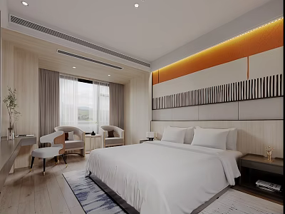 Double Bed in Modern Bedroom with White Sheets Striped Headboard Wall Curtains and Wooden Floor 3d model