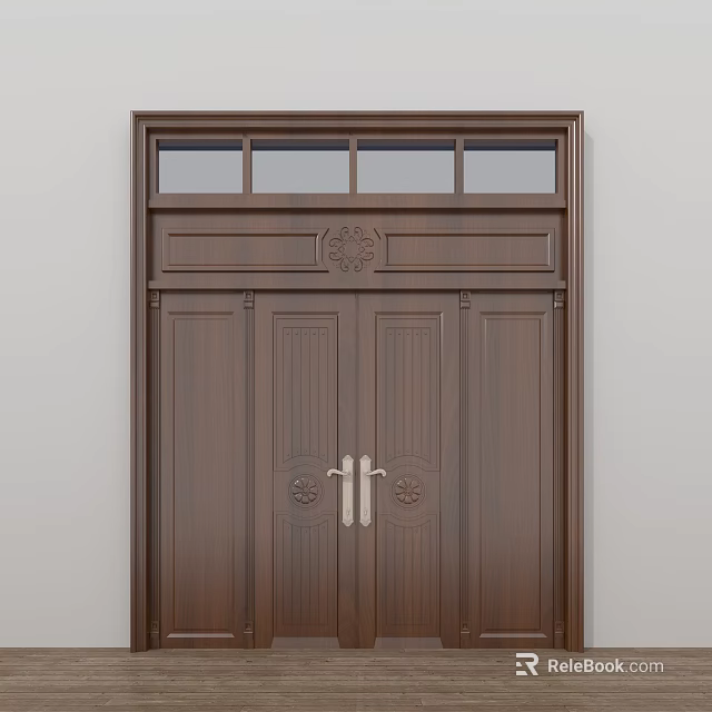Wooden Double Doors with Decorative Carvings Brass Handles and Top Glass Panels 3d model 
