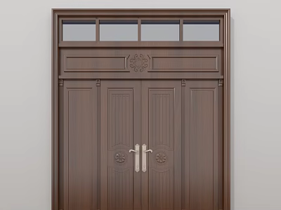 Wooden Double Doors with Decorative Carvings Brass Handles and Top Glass Panels 3d model