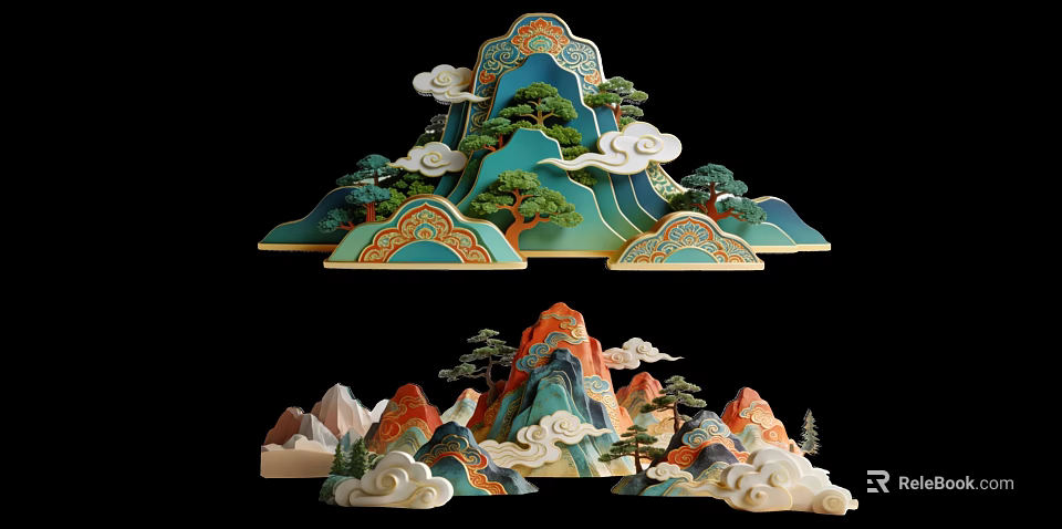 Traditional Chinese Style 3D Hanging Decor With Mountain Pine Trees And Cloud Patterns 3d model