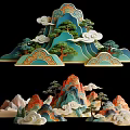 Traditional Chinese Style 3D Hanging Decor With Mountain Pine Trees And Cloud Patterns 3d model