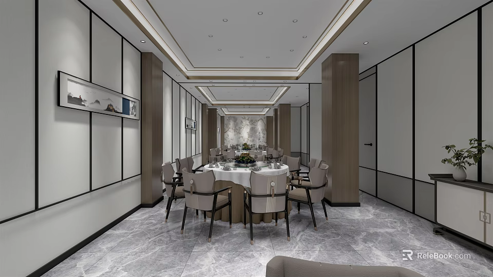 Luxury Private Dining Room Interior With Round Dining Table Chairs And Marble Floor 3d model