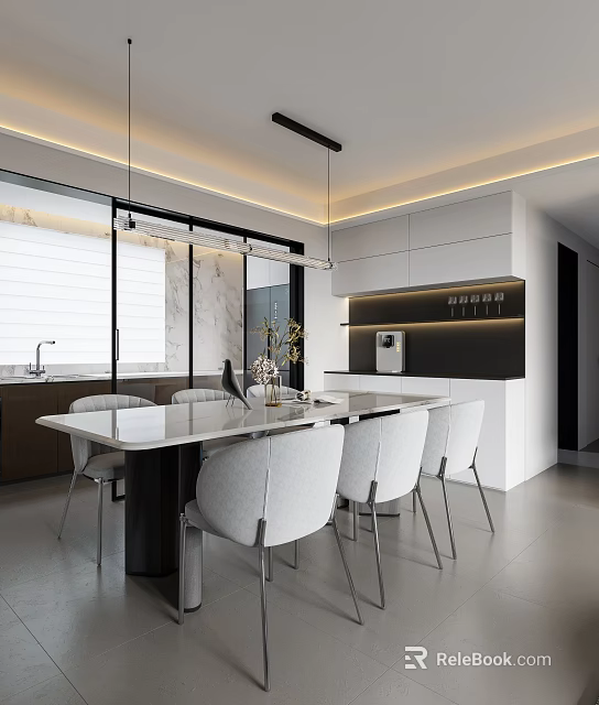 Modern Restaurant Interior With Marble Dining Table Chairs Pendant Lighting And Cabinets 3d model
