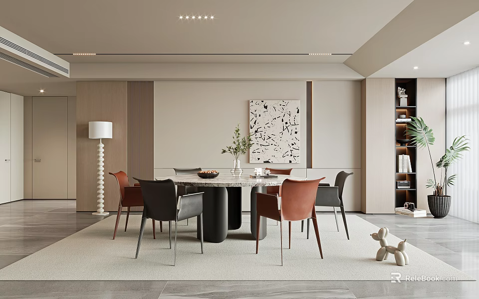 Modern Restaurant Interior With Open Layout Dining Table Chairs Artwork Plant And Rug 3d model 