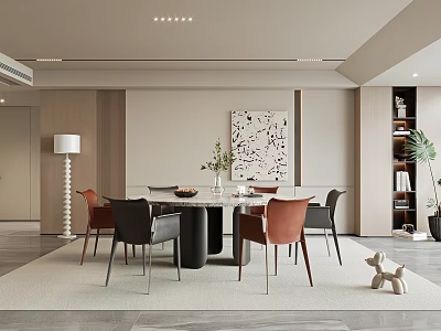 Modern Restaurant Interior With Open Layout Dining Table Chairs Artwork Plant And Rug 3d model