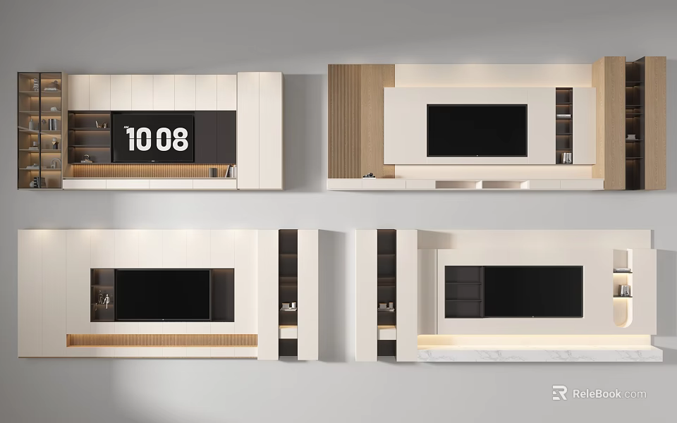 Modern TV Cabinet Design With White Wooden Storage And Built In TV Space 3d model 