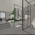 Modern Hotel Room Featuring Glass Partition Mirror Green Plants Gray Tones And Sink Counter