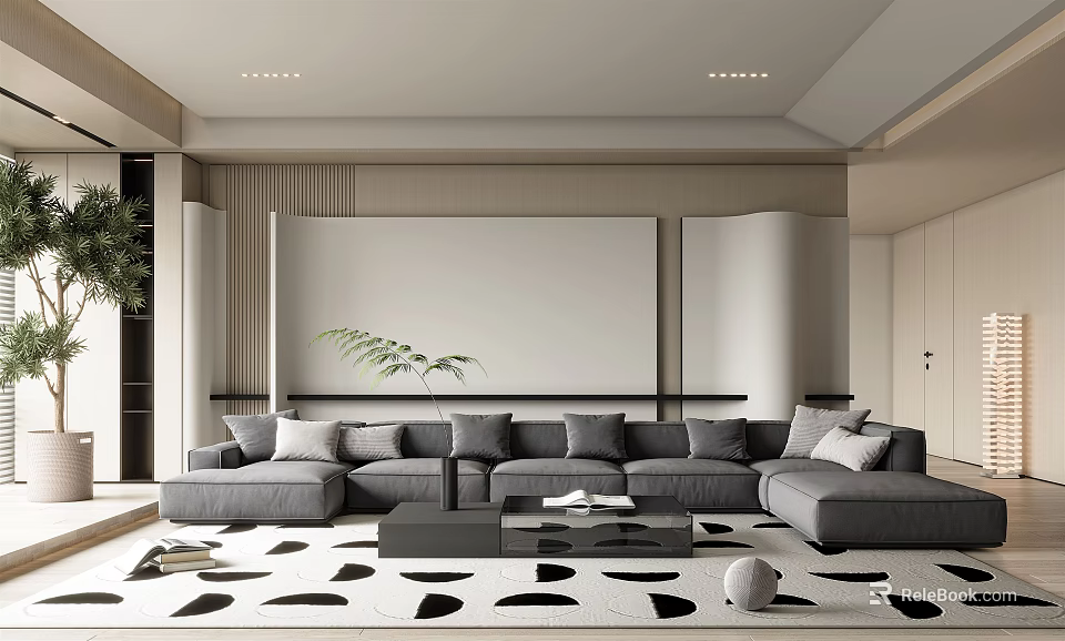 Minimalist Living Room Interior Design With Grey L Shaped Sofa Coffee Table Black White Rug 3d model 