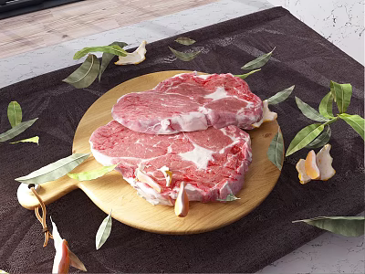 Raw Steak On Wooden Cutting Board With Fresh Bay Leaves And Orange Zest 3d model Raw Steak On Wooden Cutting Board With Fresh Bay Leaves And Orange Zest 3d model