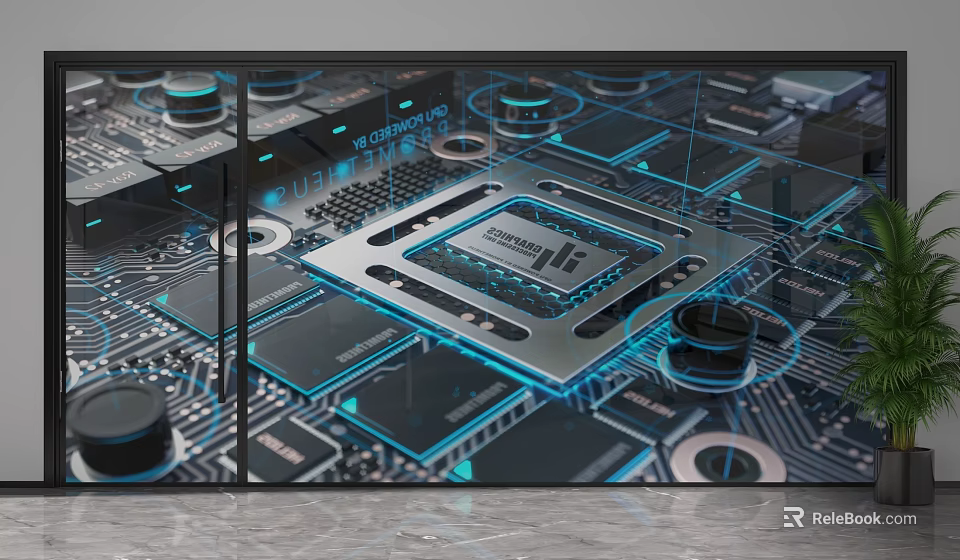 Transparent Tech Partition With Circuit Board Pattern And Glowing Blue LED Lights 3d model 