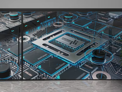 Transparent Tech Partition With Circuit Board Pattern And Glowing Blue LED Lights 3d model