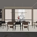 Modern Restaurant Interior With Dining Table Chairs Pendant Lights Decorative Painting And Plant