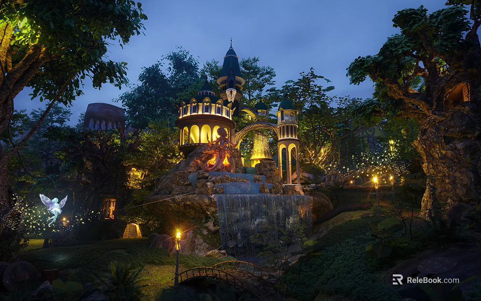 Enchanting Night Scenery with Illuminated Castle Waterfall Wooden Bridge and Lush Trees Garden Lights 3d model 