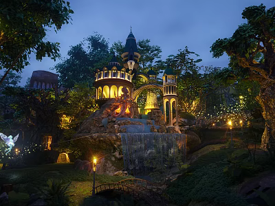 Enchanting Night Scenery with Illuminated Castle Waterfall Wooden Bridge and Lush Trees Garden Lights 3d model