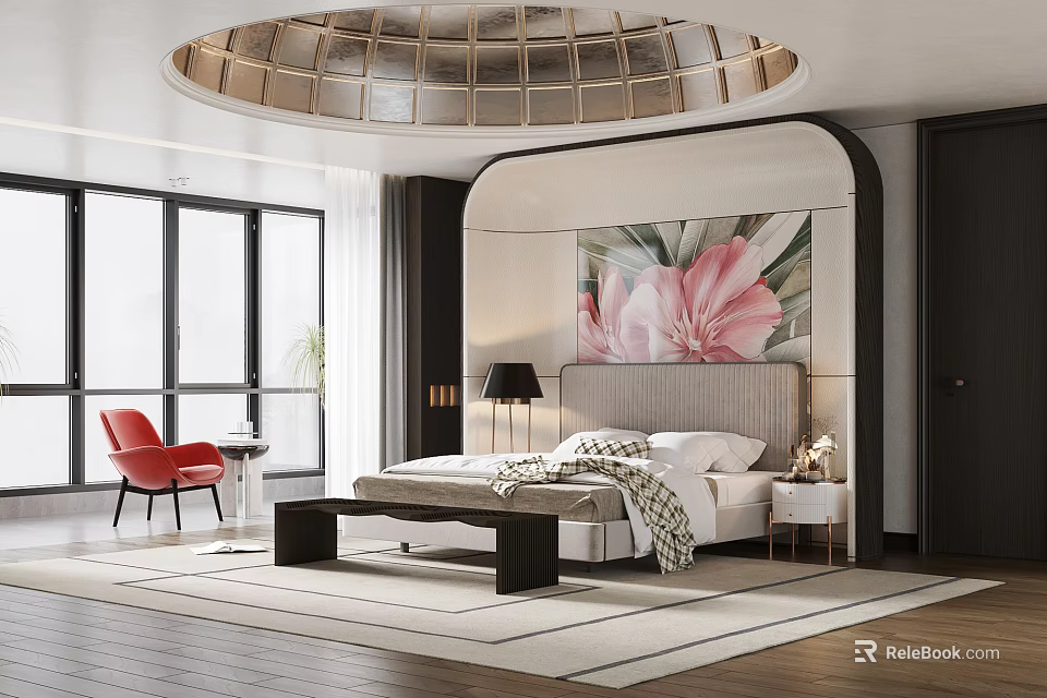 Elegant Modern Bedroom Interior Design With Circular Ceiling Floral Painting Red Chair And Wooden Floor 3d model 